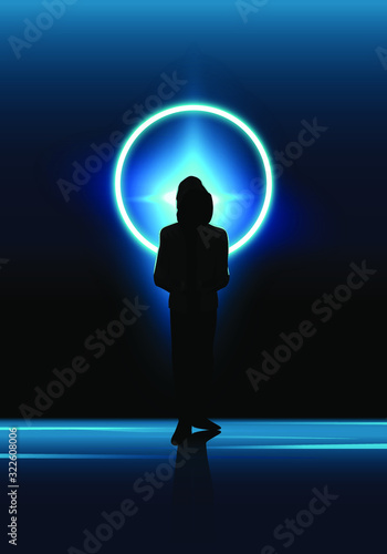 Silhouette of an anonymous person with dark technology theme and moon light in the background