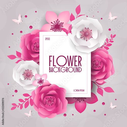 Spring Festive flowers design, decorations, paper cut style banner with flower, butterfly. Background of spring plants for 8 March, International Women's Day, Happy Mother's Day, Happy Easter day