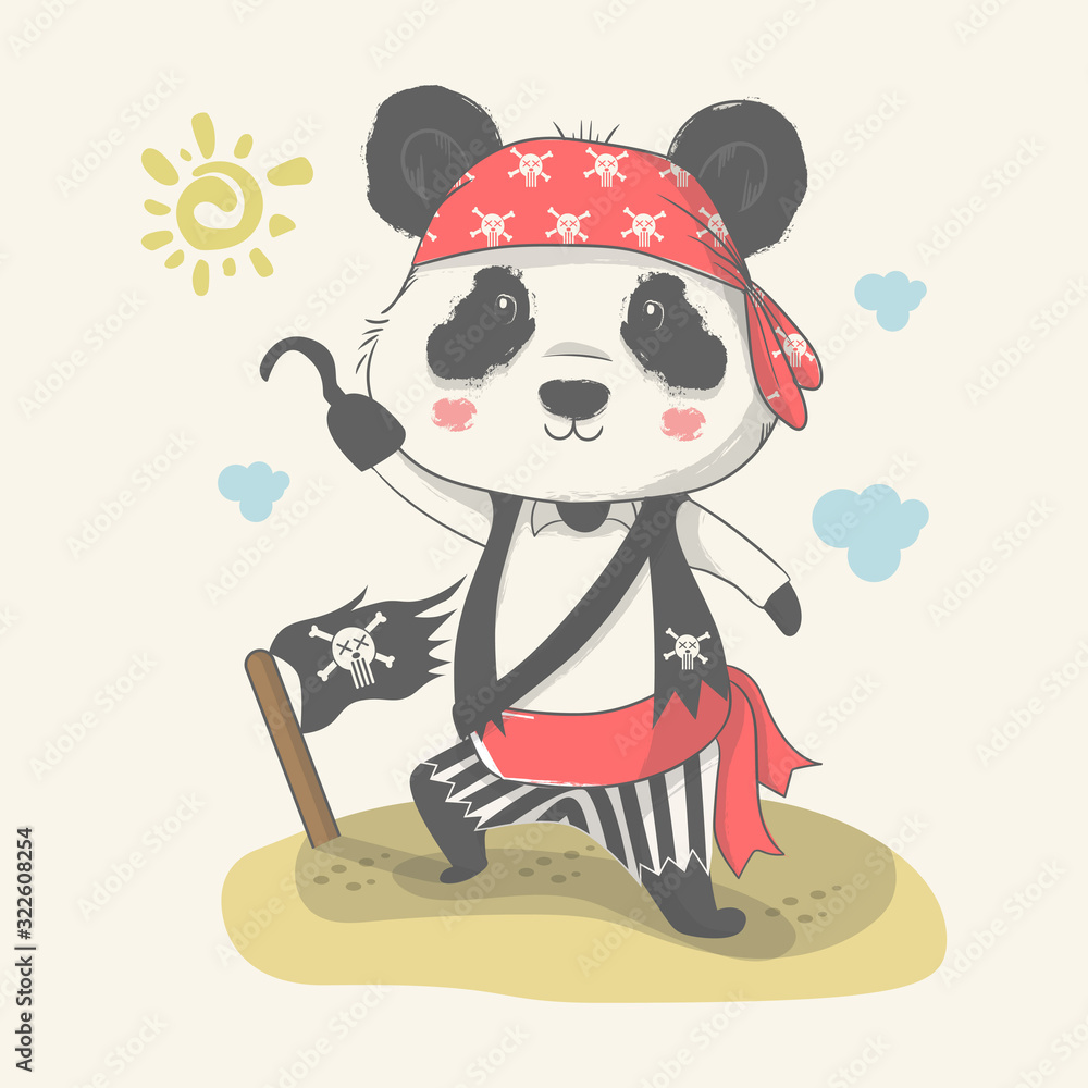 Naklejka premium Vector hand drawn illustration of a cute baby panda with pirate custom.