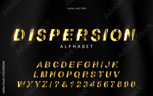 Luxury golden alphabet and number with dispersion effect. Elegant font vector design style for use headline cover, poster, bock, invitation, advertising