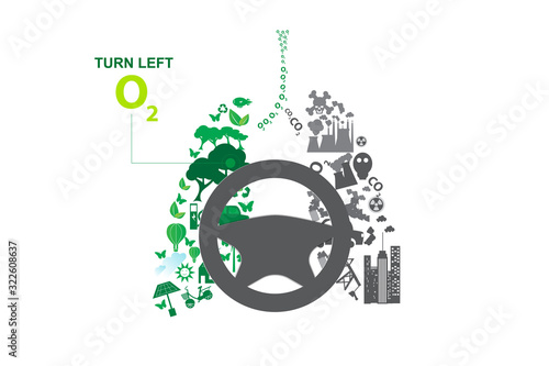 Green city opposites with Eco lung concept elements.Environment Ecology nature element.Creative graphic steering wheel car drive control left oxygen design. Wildlife icon global pollution idea.Vector