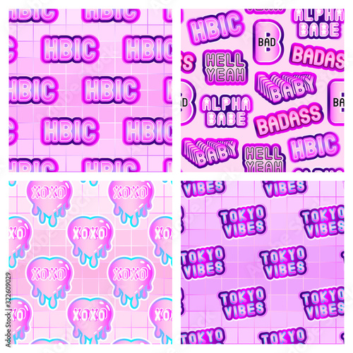 Set of 4 seamless patterns with text  word patches isolated on pink backgrounds. Vector wallpapers in dreamy pastel goth style. Cute girly repeating backdrops.