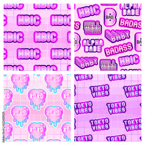 Set of 4 seamless patterns with text, word patches isolated on pink backgrounds. Vector wallpapers in dreamy pastel goth style. Cute girly repeating backdrops.