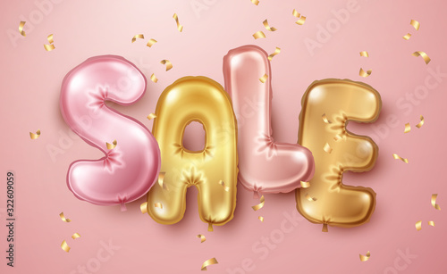 Sale background with pink and gold floating balloons. Vector illustration.