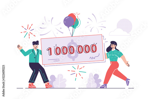 Happy man and woman holding a bank check