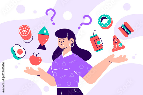 Woman choosing between healthy and unhealthy 
