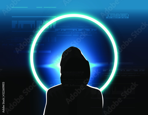 Close up Silhouette of an anonymous person with dark technology theme and moon light in the background