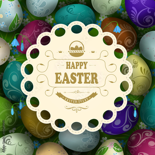 Easter composition with a round frame with interwoven braid and eggs drawn in a circle in the form of a wreath