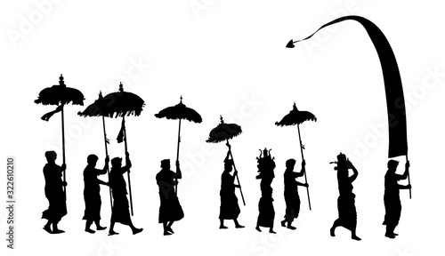Black Balinese Melasti ceremony procession with flag and umbrellas vector black people silhouettes isolated on white background