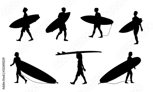 Black surfers with surfboards vector silhouettes set isolated on white background