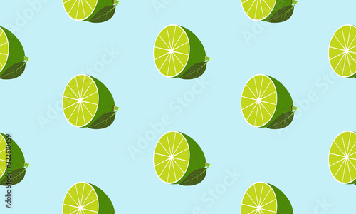 Seamless blue background with halves lime with leaf. Vector fruit design for pattern or template.