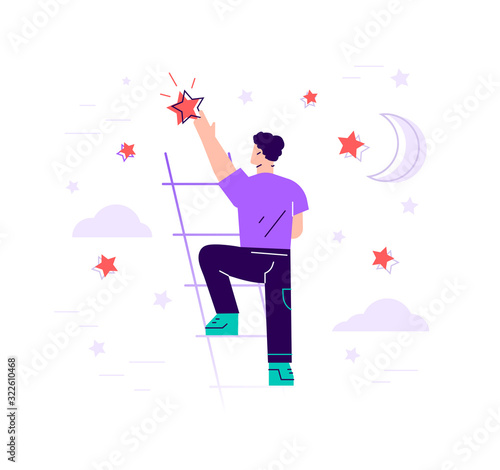 Businessman on stairs and reaching star on the sky