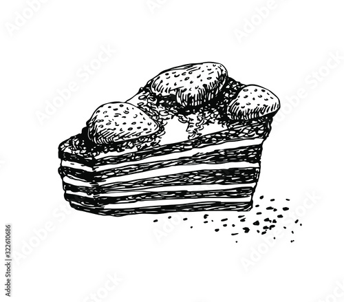 Fototapeta Сhocolate slice of cake with strawberries in line art style.
