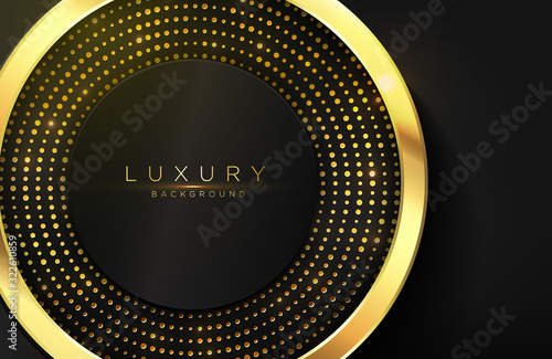 Luxury elegant background with shiny gold circle element and dots particle on dark black metal surface. Elegant cover template