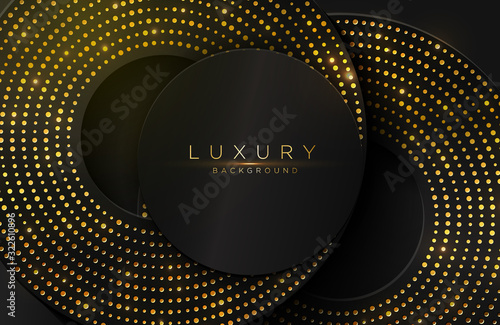 Luxury elegant background with shiny gold circle element and dots particle on dark black metal surface. Elegant cover template