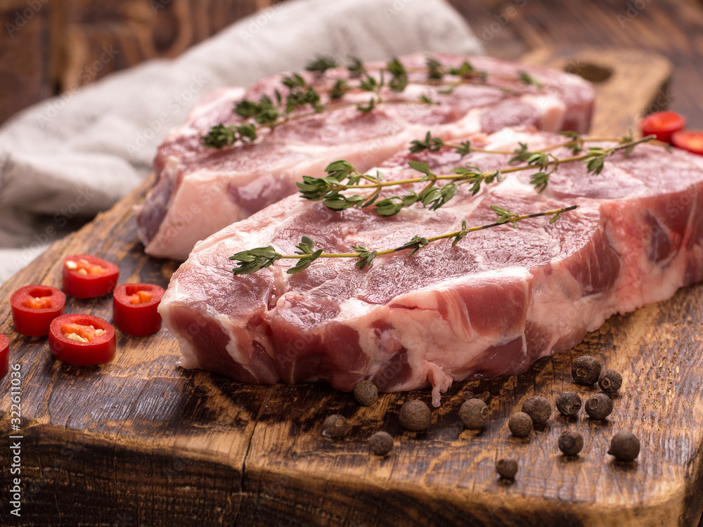 fresh pork steak on wooden background.