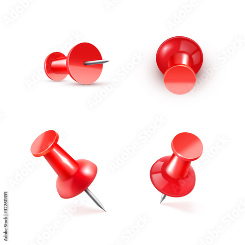 Realistic vector plastic glossy red push pin 3D vector icon on white background.