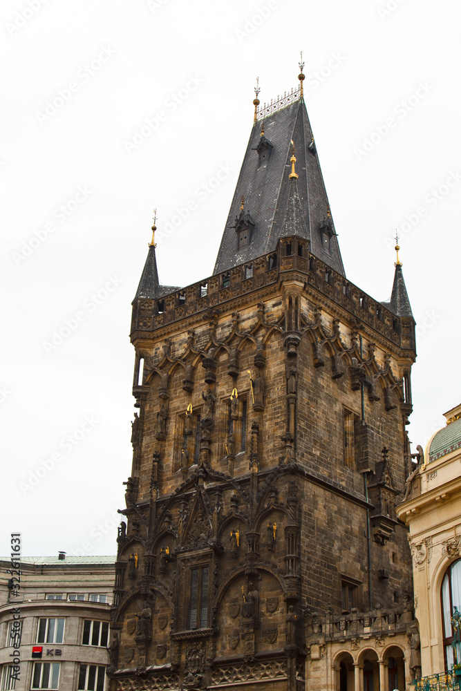 Prague. 10.05.2019: Staircase to the treasury, Saint Vitus's Cathedral, Prague castle, Prague, Czech Republic. Gothic ornamental detail of roof St. Vitus Cathedral.
