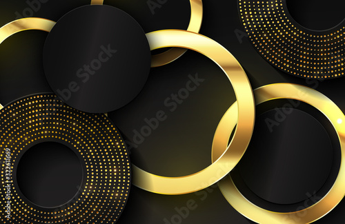 Luxury elegant background with shiny gold circle element and dots particle on dark black metal surface. Elegant cover template