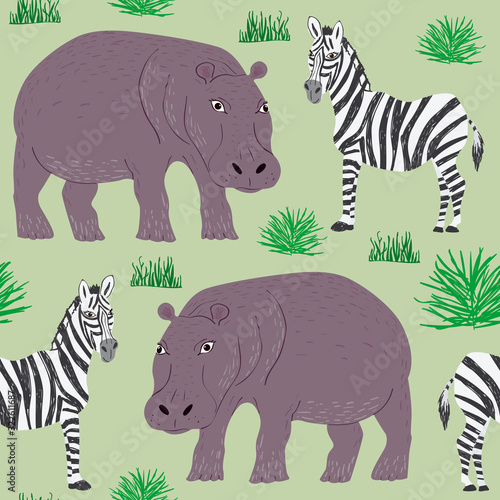 Seamless pattern of cartoon hippopotamus and zebra. Repeatable textile vector print, childish wallpaper design. © ZaBelka