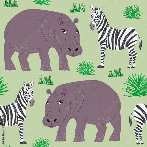 Seamless pattern of cartoon hippopotamus and zebra. Repeatable textile vector print, childish wallpaper design.