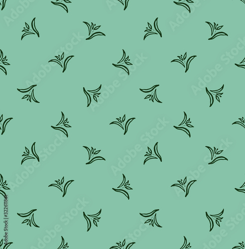 Seamless hand-drawn floral dark green patterns on a mint background. Simple beautiful design for wallpaper, fabrics, decor, home textiles, bedding, cards, scrapbooking, wrapping paper, printing