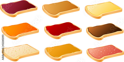 Vector illustration of various toast breads with different spreads like jam , butter and peanut butter