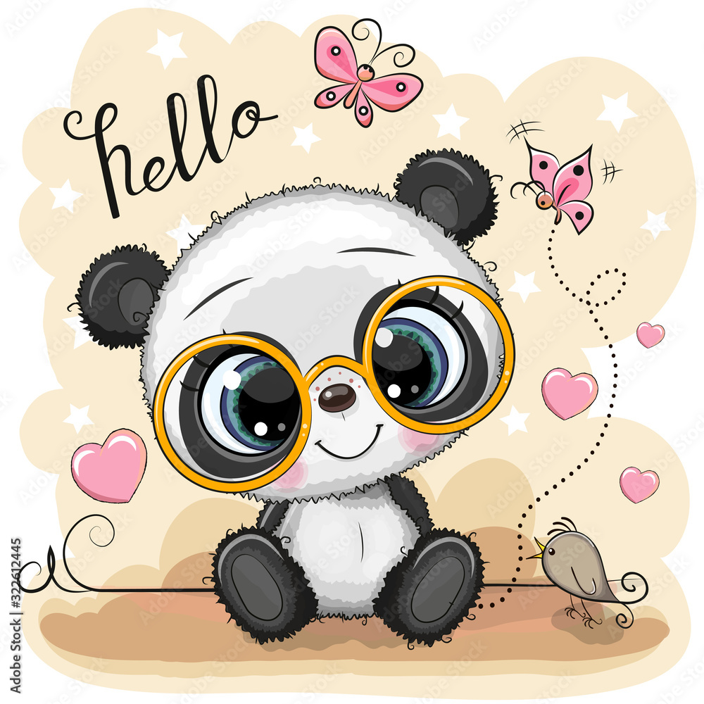 Fototapeta Cartoon Panda with glasses on a yellow background