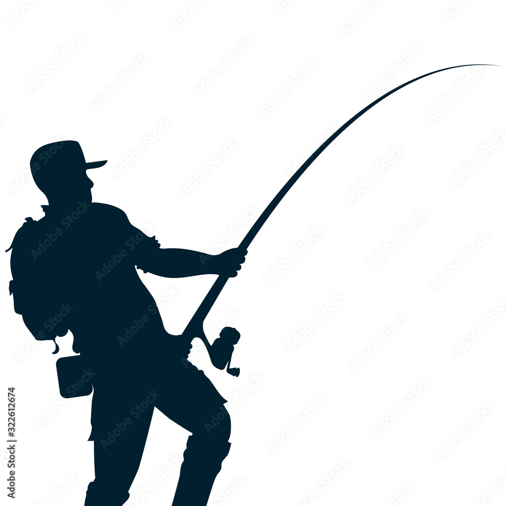 Obraz premium Fisherman in equipment with fishing rod in his hands and fishing gear silhouette