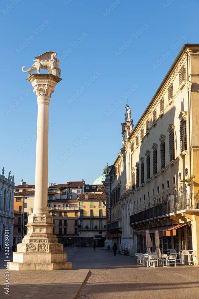 View of the Piazza dei Sighori and the column with the winged lion in Vicenza, Italy. The city of Palladio, from the name of the architect who designed most of his works here in the late Renaissance