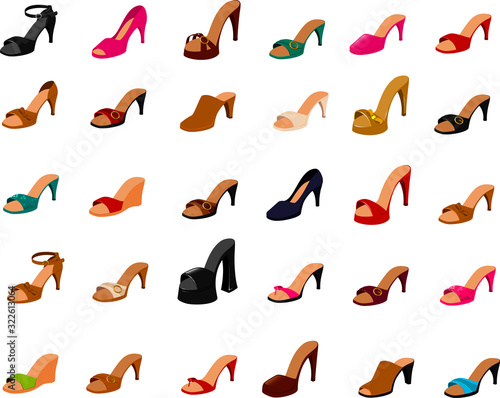 vector illustration of various shoes, sandals and pumps