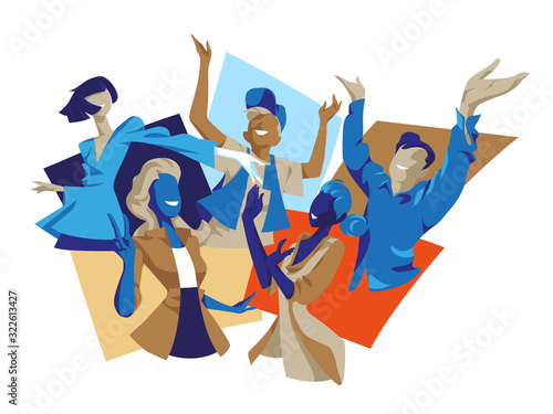 Persone sorridenti che esprimono gioia, felicità, soddisfazione, emozioni positive. Personaggi maschili e femminili festeggiano - illustrazione vettoriale
