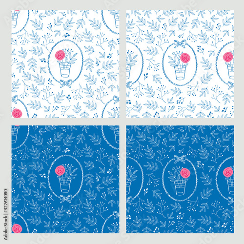 Set of seamless pretty patterns with vases of flowers, frames and leaves. Floral backgrounds for textile, fabric manufacturing, wallpaper, covers, surface, print, gift wrap, scrapbooking.