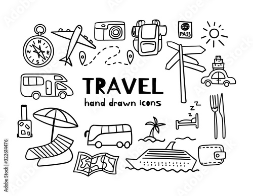 Hand drawn travel icons set. Summer tourism doodles. Outline vector illustration.