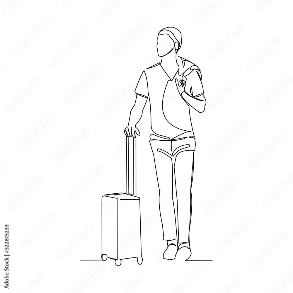 Continuous line drawing of man holding luggage case. One line art of tourist traveler walk and hold suitcase. Vector illustration. Continuous line drawing of man holding luggage case. One line art of tourist traveler walk and hold suitcase. Vector illustration.