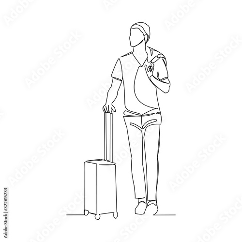 Continuous line drawing of man holding luggage case. One line art of  tourist traveler walk and hold suitcase. Vector illustration.
