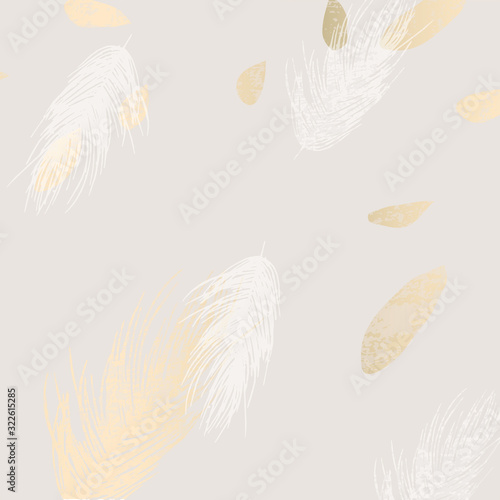  trendy gold textured nude cream background and delicate hand drawn feathers element