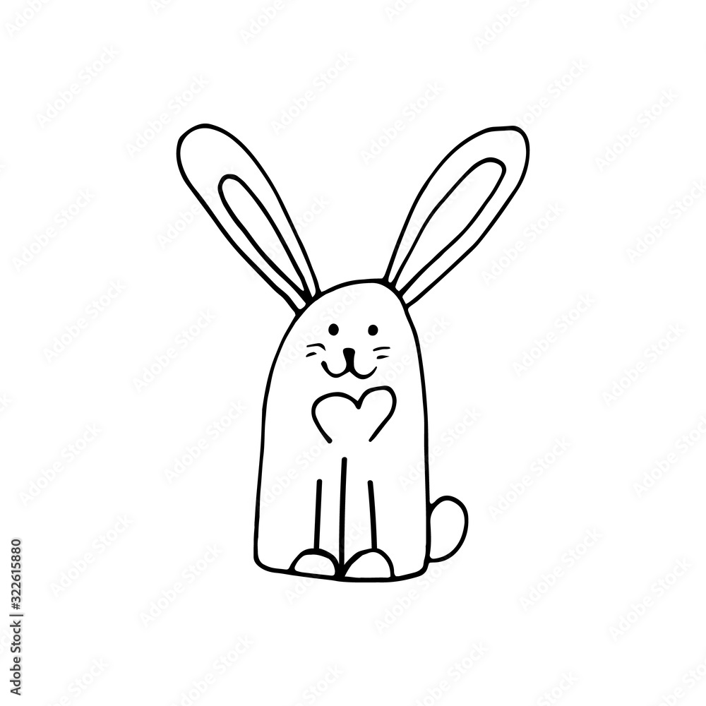 Super cute, adorable bunny for easter design. Funny, hand drawn illustration in doodle style for poster, banner, print, decoration kids playroom or greeting card.
