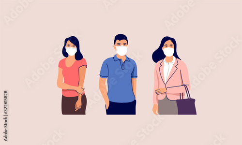 People in protective medical face masks. Man and women wearing protection from virus, urban air pollution, smog, vapor, pollutant gas emission. Vector illustration.