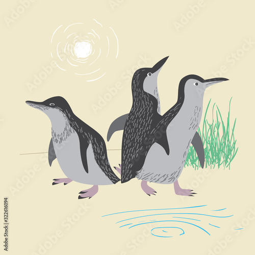 Three funny cartoon penguins. Australian wildlife scene vector illustration.