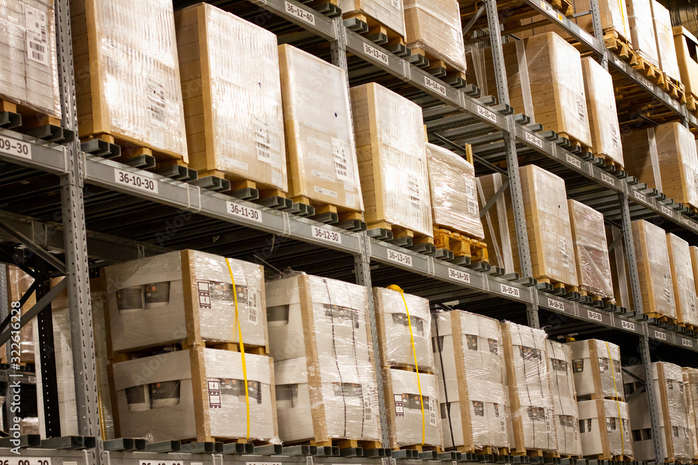 racks with large boxes, storage warehouse. Room for storing parcels