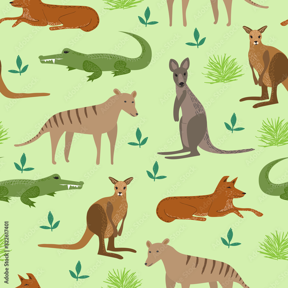 Australian seamless pattern with kangaroo, dingo dog, tasmanian wolf and crocodile. Repeatable textile vector childish design. Australian seamless pattern with kangaroo, dingo dog, tasmanian wolf and crocodile. Repeatable textile vector childish design.