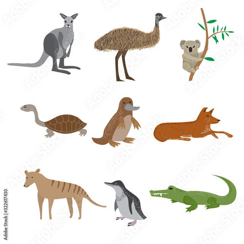 Set of cartoon australian animal. Kangaroo, emu, koala, turtle, platypus, dingo, thylacine, penguin and crocodile. © ZaBelka