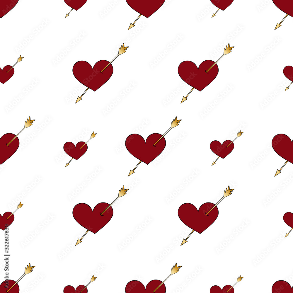 Pattern of scarlet hearts pierced by an arrow. Love symbol on an isolated background. Romantic ornament. The idea for the cover, Wallpaper, fabric, case. Vector. Valentine day, wedding. Holiday print. Pattern of scarlet hearts pierced by an arrow. Love symbol on an isolated background. Romantic ornament. The idea for the cover, Wallpaper, fabric, case. Vector. Valentine day, wedding. Holiday print.