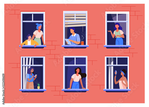 Apartment building with people in open window spaces. Neighbors drinking coffee, talking, using cell. Vector illustration for block of flat, condo, neighborhood, community, house friendship concept