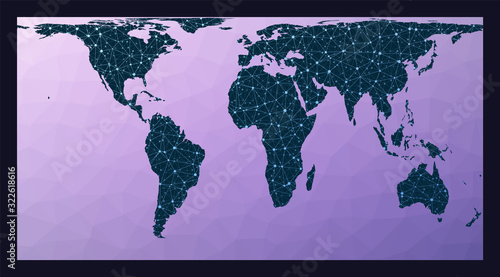 Abstract telecommunication world map. Cylindrical equal-area projection. World network map. Wired globe in Cylindrical Equal Area projection on geometric low poly background.