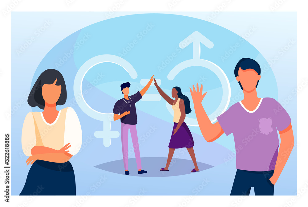 Man and woman giving high five. Male and female characters with gender symbols and equal marks. Vector illustration for equality, discrimination, diversity concept