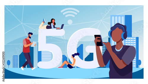 Young people using 5G high speed wireless internet connection. Men and women using digital devices with free city Wi-Fi. Vector illustration for telecom, smart city buildings concept