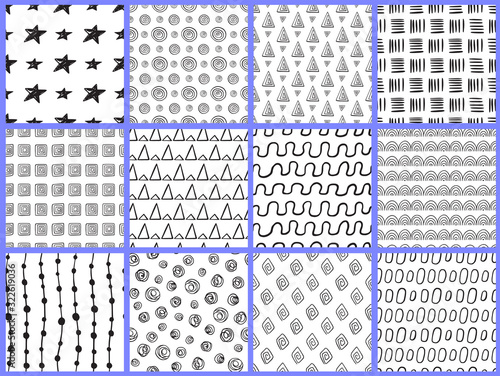 Set of abstract doodle seamless patterns.