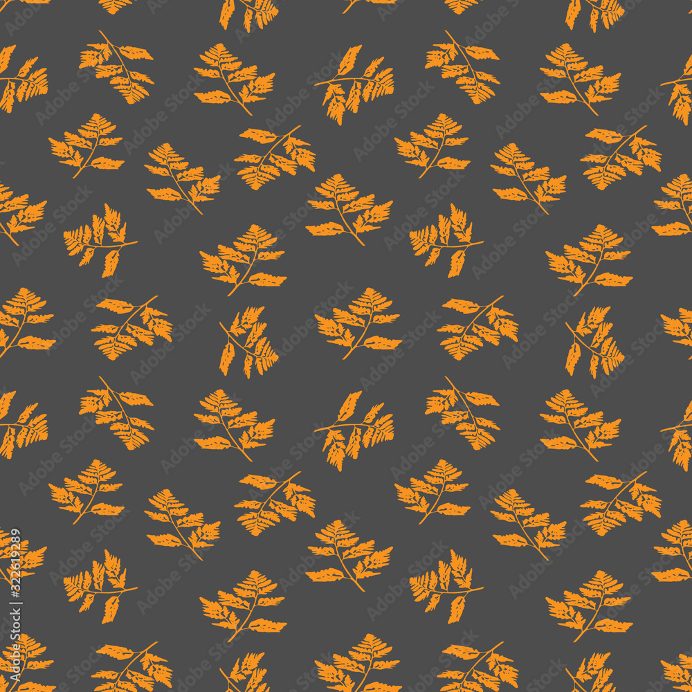 Illustration of orange carved fall leaves isolated on a gray background, Seamless pattern